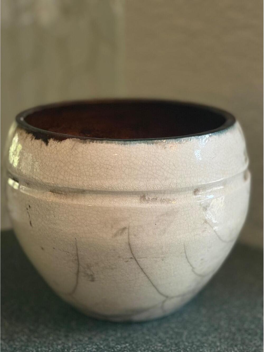 Studio Pottery Raku Planter White Crackle Glaze w purple Artist Signed 6.25”